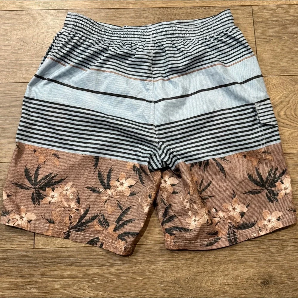 Men's Blue and Brown Floral Stripe Swim Trunks